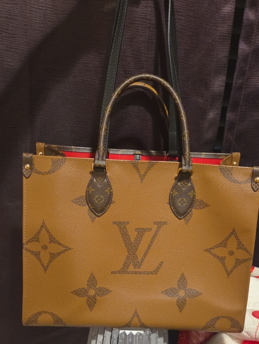Louis Vuitton Monogram Canvas Tote "On The Go" PM in Tan with Red Interior Trim